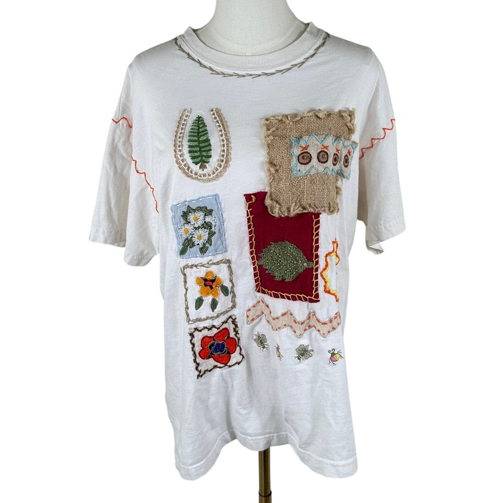 Vtg 80s JouJou Patchwork T Shirt Large White Embroidered Burlap Ric Rac Flaw Tee